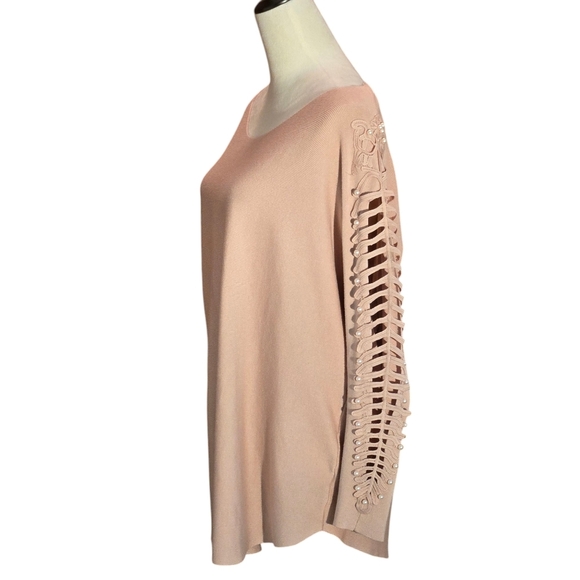 Cactus + Pearl Blush Pink Scoop Neck Sweater w/ Pearl & Lace Sleeves Women L - Picture 2 of 15